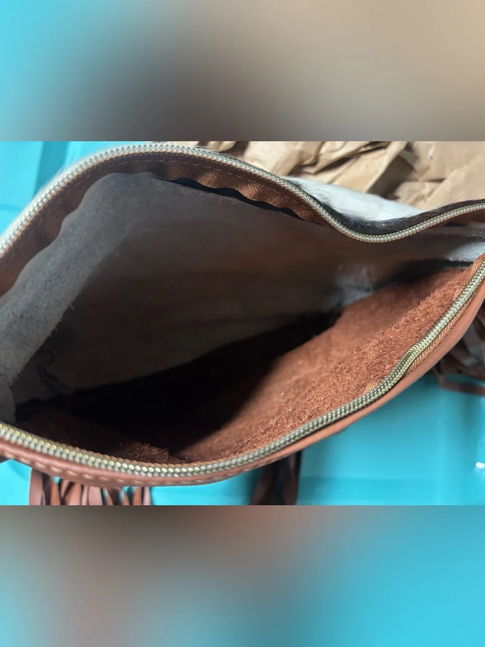 Cowhide shoulder Bag in brown & White with Brown Trim
